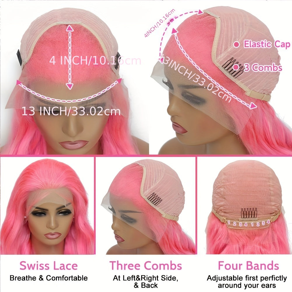 Pink Lace Front Wig Human Hair 13x4 Hd Lace Pink Body Wave Lace Front Wig Human Hair With Baby Hair Colored Wig Human Hair Pre Plucked 200% Density 28 Inch